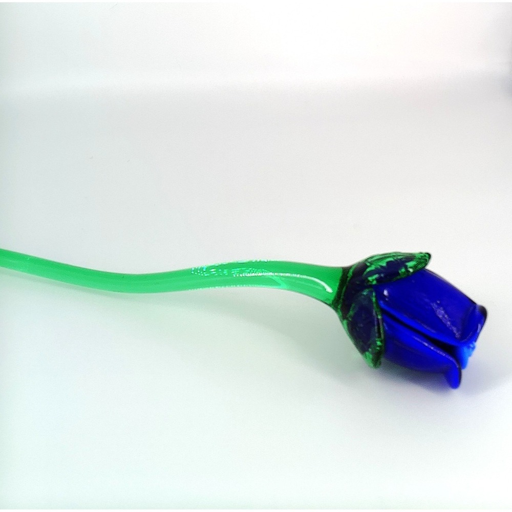 Vintage Murano Style Glass Blown Long Stem 13-3/4" Blue Glass Rose - Picture 7 of 9